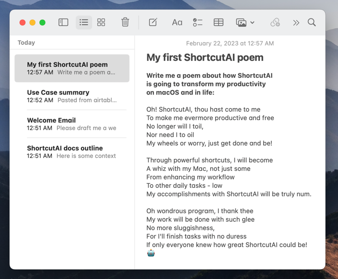 ShortcutAI AI completion in Notes app